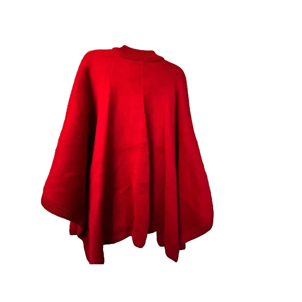 Handcrafted Sisandina Wool Red Poncho‎ Buttons Crew Collar Comfy Warm OS - Picture 9 of 9